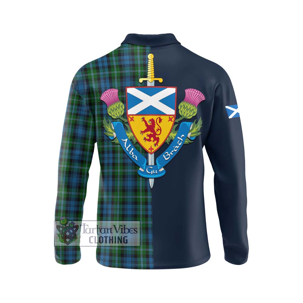 Lyon Tartan Long Sleeve Polo Shirt Alba with Scottish Lion Royal Arm Half Style - Tartan Vibes Clothing