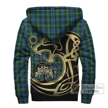 Lyon Tartan Sherpa Hoodie with Family Crest Celtic Wolf Style - Tartan Vibes Clothing