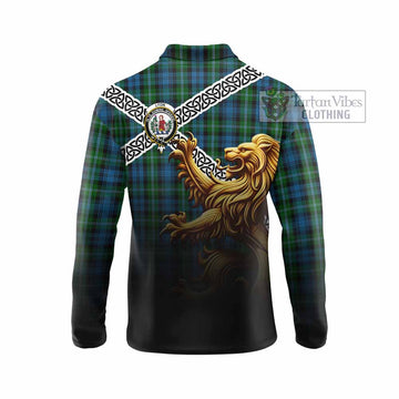 Lyon Crest Tartan Long Sleeve Polo Shirt with Golden Lion Emblem Celtic Style - Tartan Vibes Clothing