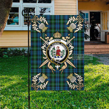 Tartan Vibes Clothing Lyon Tartan Flag with Family Crest and Golden Thistle Crossed Sword Design