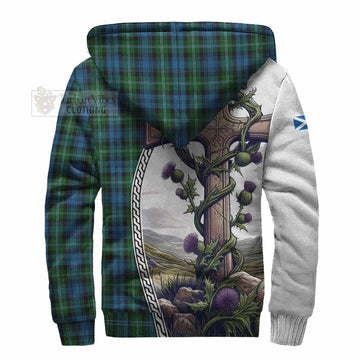 Lyon Tartan Sherpa Hoodie with Family Crest and St. Andrew's Cross Accented by Thistle Vines - Tartan Vibes Clothing