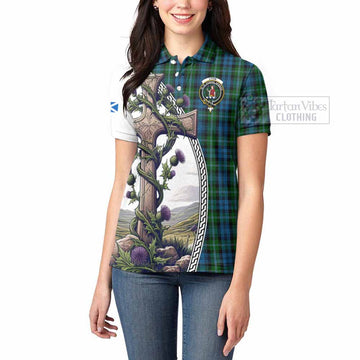 Lyon Tartan Women's Polo Shirt with Family Crest and St. Andrew's Cross Accented by Thistle Vines - Tartan Vibes Clothing