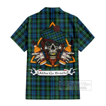 Lyon Tartan Hawaiian Shirt with Family Crest and Bearded Skull Holding Bottles of Whiskey - Tartan Vibes Clothing
