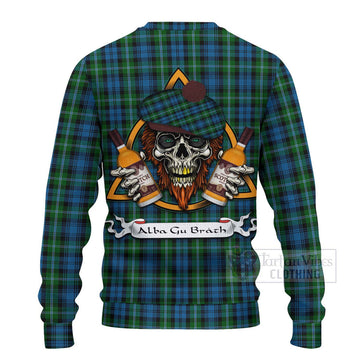 Lyon Tartan Ugly Sweater with Family Crest and Bearded Skull Holding Bottles of Whiskey - Tartan Vibes Clothing