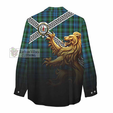 Lyon Crest Tartan Women's Casual Shirt with Golden Lion Emblem Celtic Style - Tartan Vibes Clothing