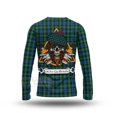 Lyon Tartan Long Sleeve T-Shirt with Family Crest and Bearded Skull Holding Bottles of Whiskey - Tartan Vibes Clothing