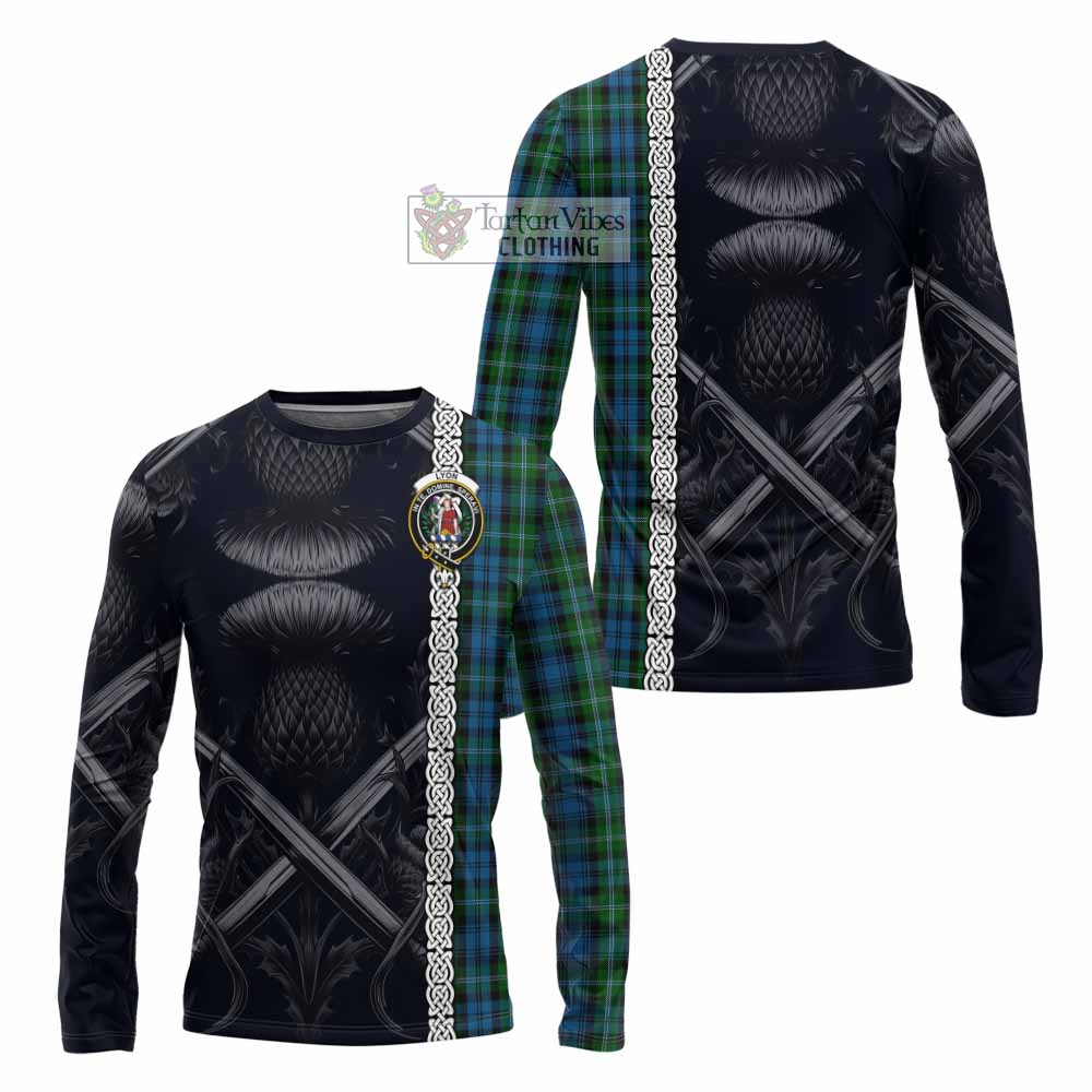 Lyon Tartan Long Sleeve T-Shirt with Family Crest Cross Sword Thistle Celtic Vibes - Tartan Vibes Clothing
