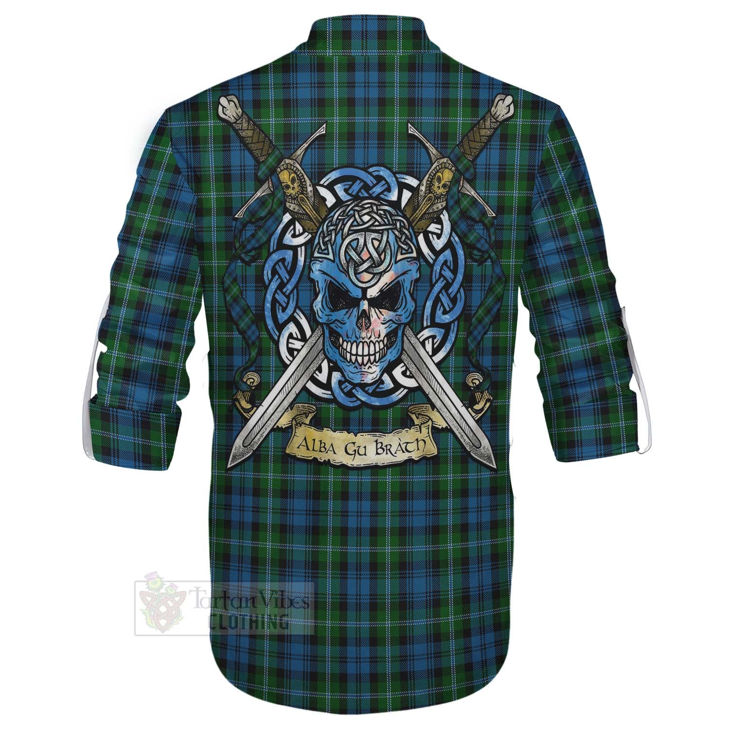 Lyon Tartan Ghillie Kilt Shirt with Family Crest Celtic Skull Style - Tartan Vibes Clothing