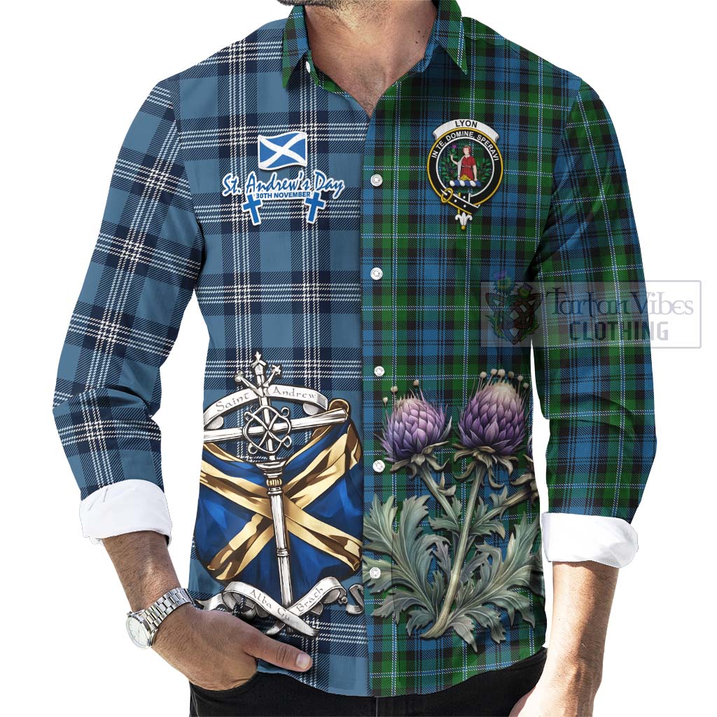 Lyon Tartan Long Sleeve Button Shirt Happy St. Andrew's Day Half Tartan Style - Tartan Vibes Clothing