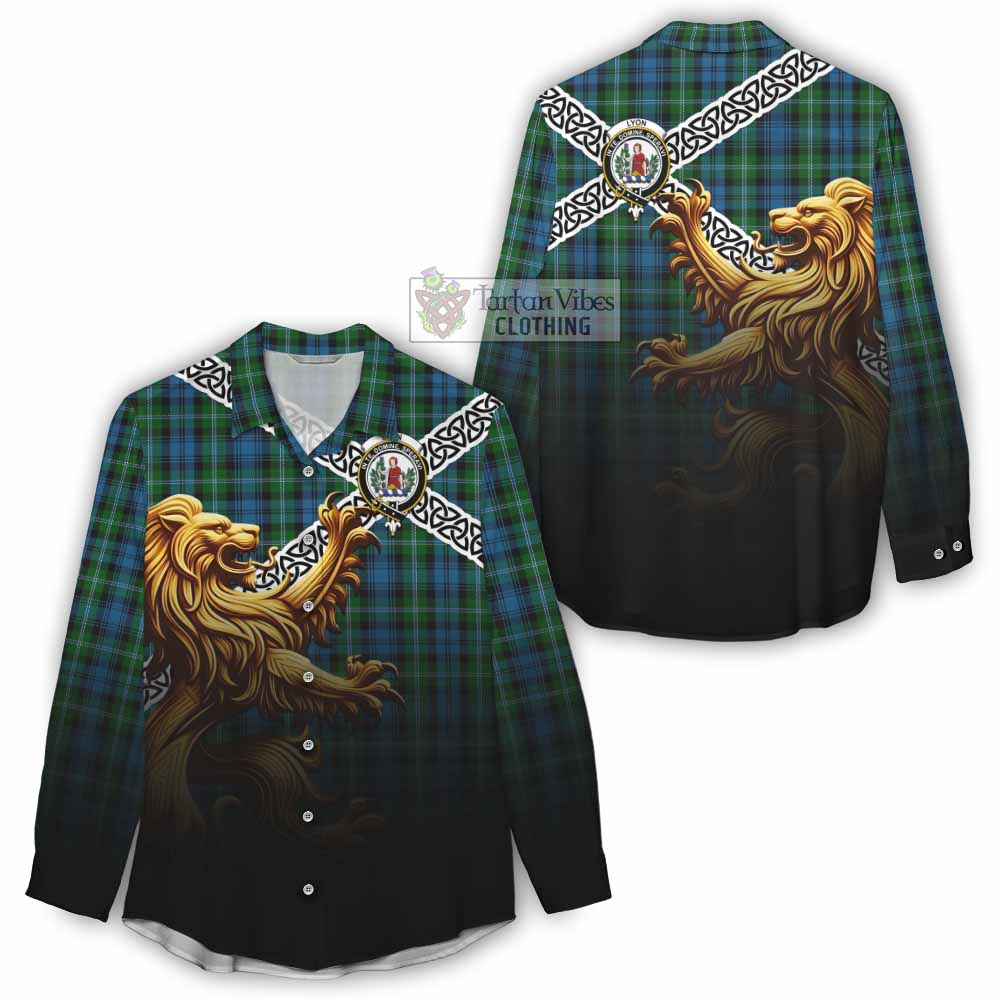 Lyon Crest Tartan Women's Casual Shirt with Golden Lion Emblem Celtic Style - Tartan Vibes Clothing