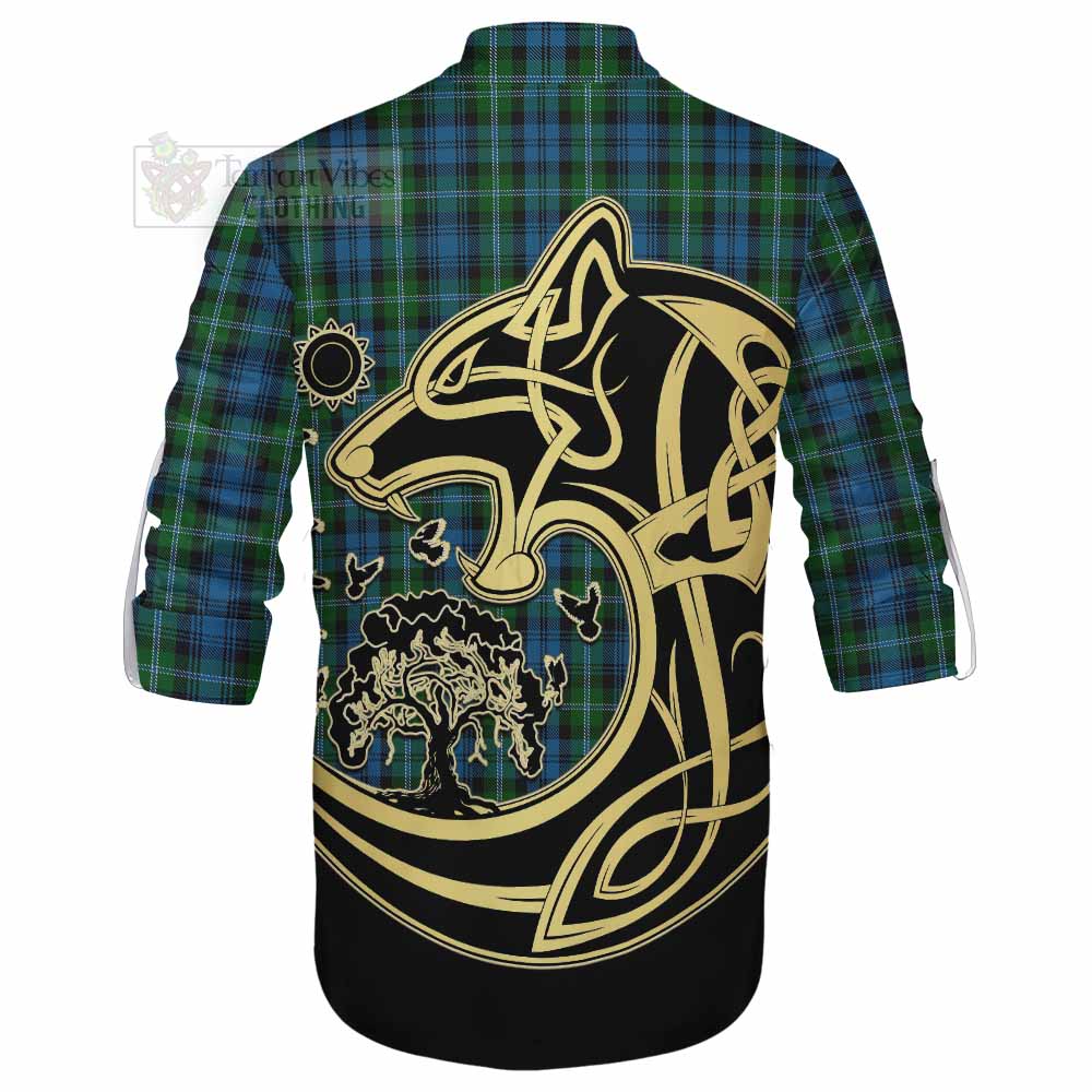 Lyon Tartan Ghillie Kilt Shirt with Family Crest Celtic Wolf Style - Tartan Vibes Clothing