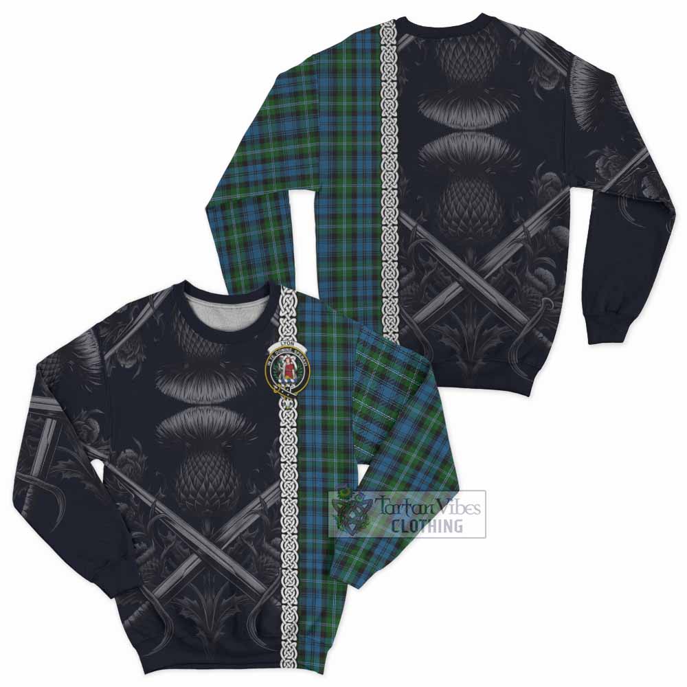 Lyon Tartan Sweatshirt with Family Crest Cross Sword Thistle Celtic Vibes - Tartan Vibes Clothing