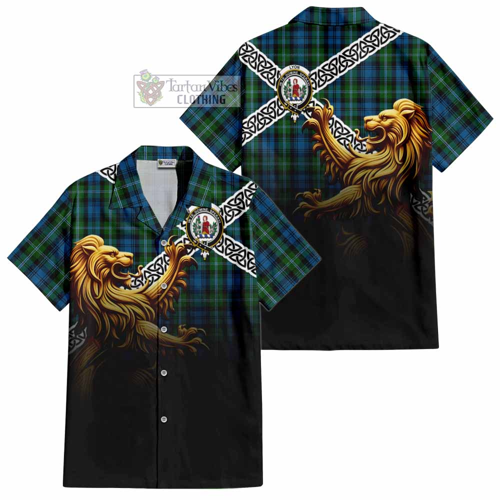 Lyon Crest Tartan Hawaiian Shirt with Golden Lion Emblem Celtic Style - Tartan Vibes Clothing