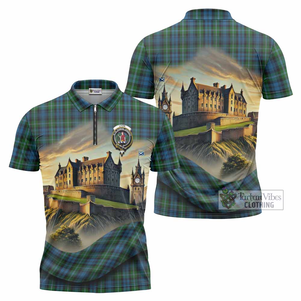 Lyon Tartan Family Crest Zipper Polo Shirt with Scottish Ancient Castle Style - Tartan Vibes Clothing