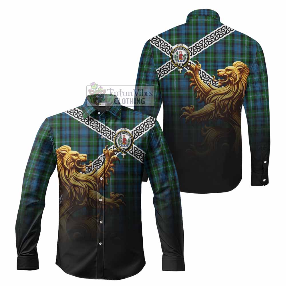 Lyon Crest Tartan Long Sleeve Button Shirt with Golden Lion Emblem Celtic Style - Tartan Vibes Clothing
