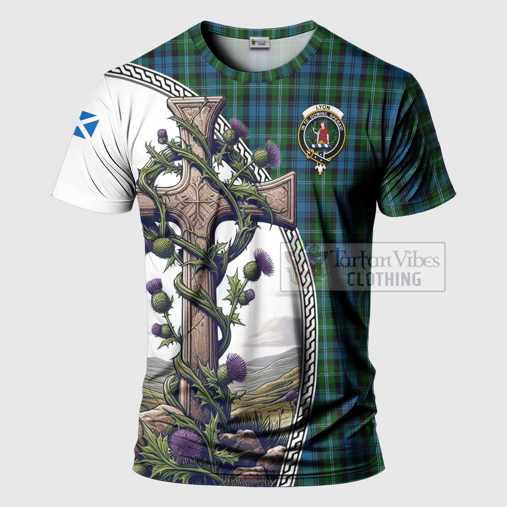 Tartan Vibes Clothing Lyon Agnew Tartan T-Shirt with Family Crest and St. Andrew's Cross Accented by Thistle Vines