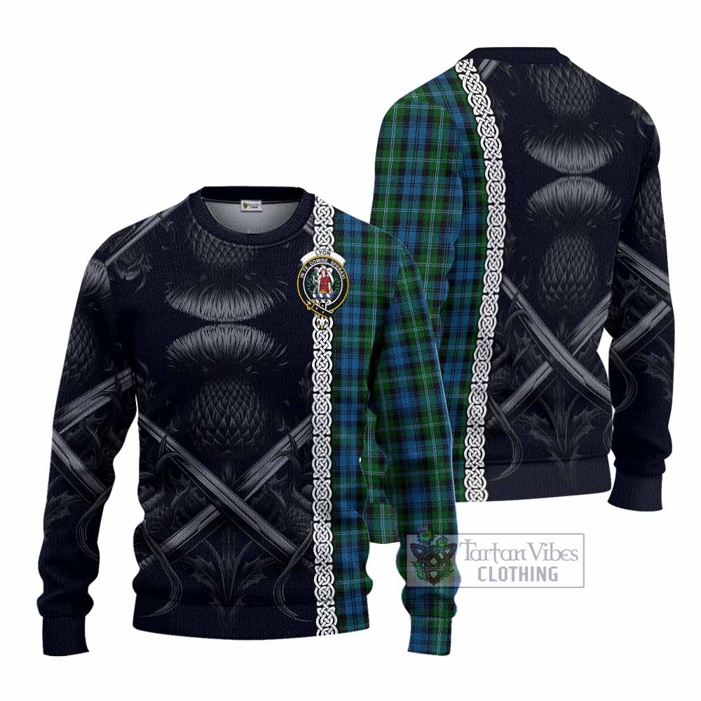 Lyon Tartan Knitted Sweater with Family Crest Cross Sword Thistle Celtic Vibes - Tartan Vibes Clothing