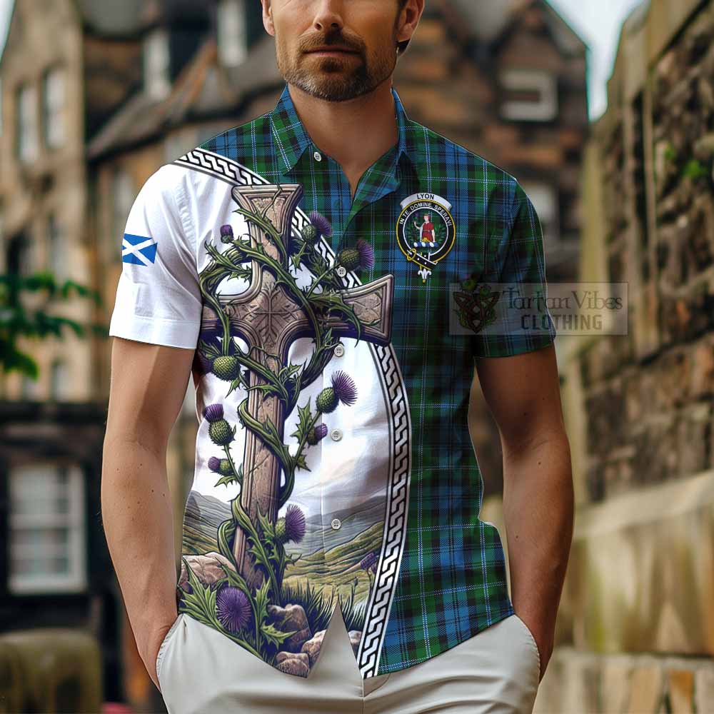 Lyon Tartan Hawaiian Shirt with Family Crest and St. Andrew's Cross Accented by Thistle Vines - Tartan Vibes Clothing