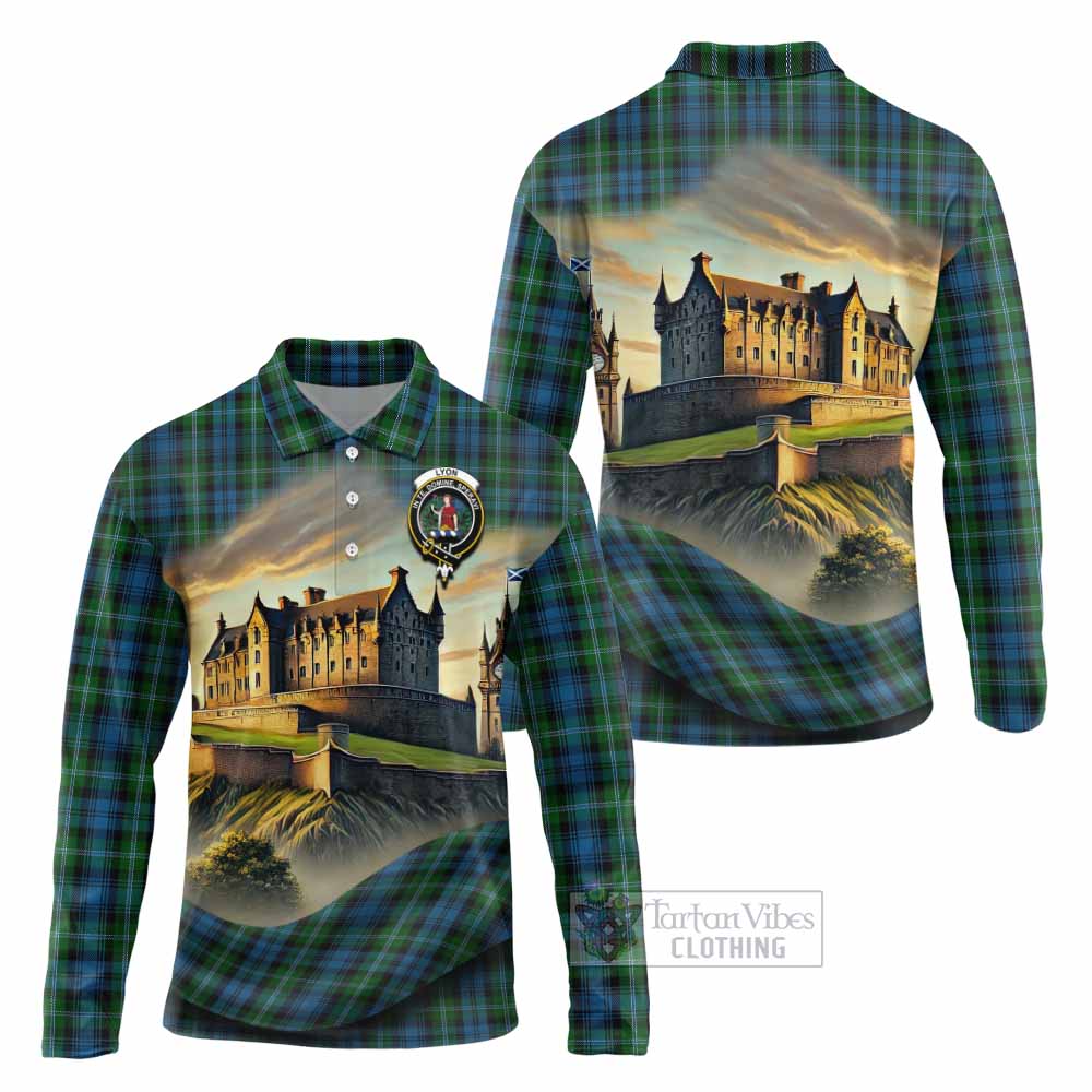 Lyon Tartan Family Crest Long Sleeve Polo Shirt with Scottish Ancient Castle Style - Tartan Vibes Clothing