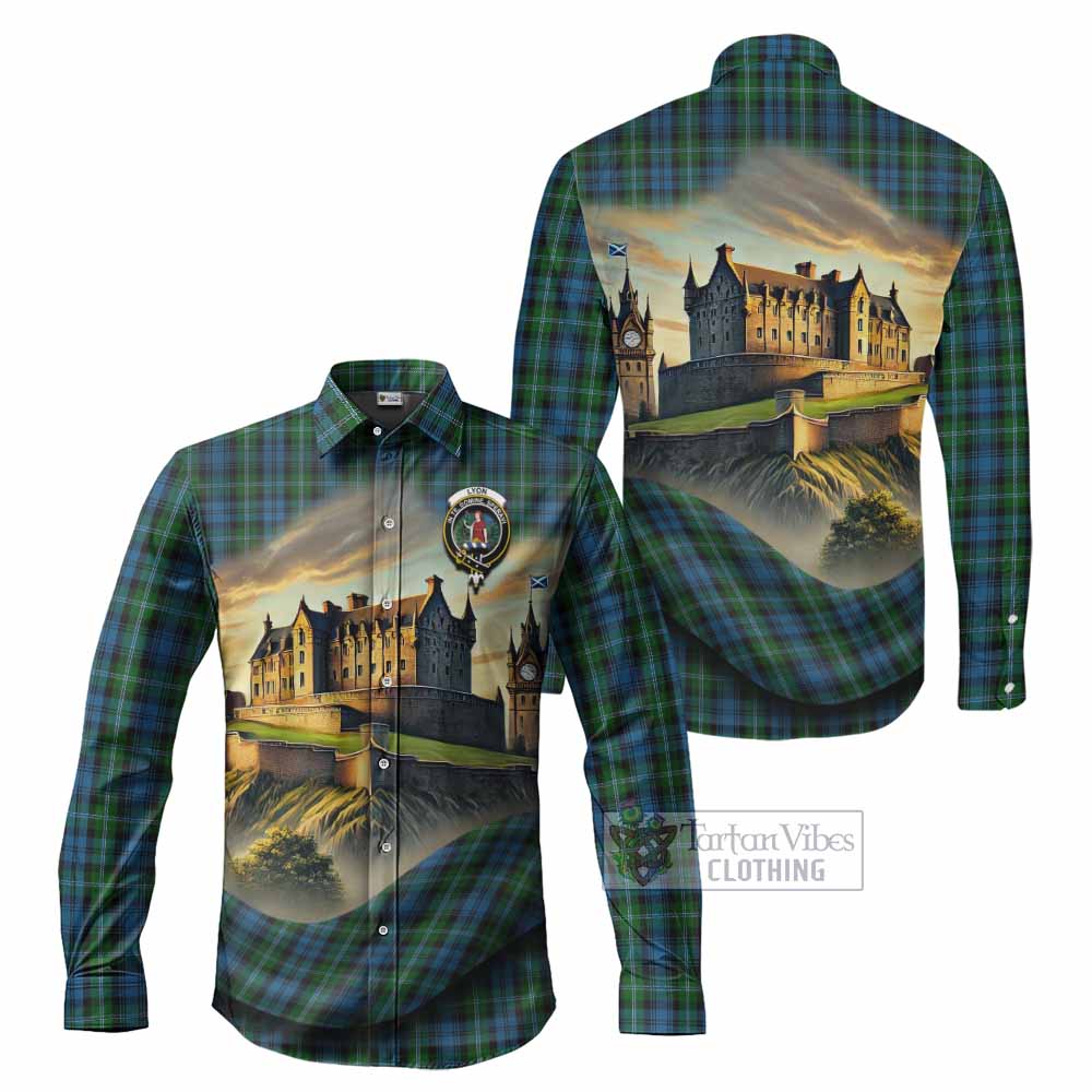 Tartan Vibes Clothing Lyon Tartan Family Crest Long Sleeve Button Shirt with Scottish Ancient Castle Style