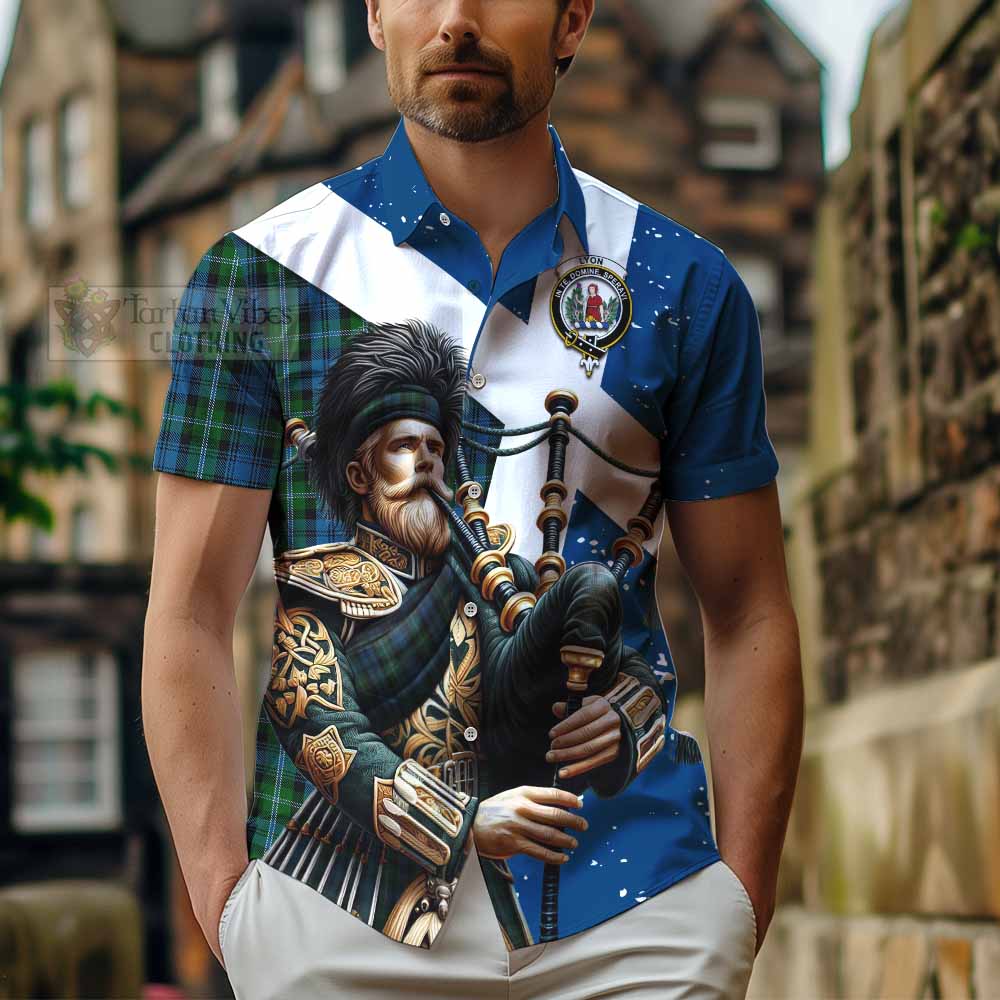 Lyon Tartan Hawaiian Shirt with Family Crest Scottish Bagpiper Vibes - Tartan Vibes Clothing