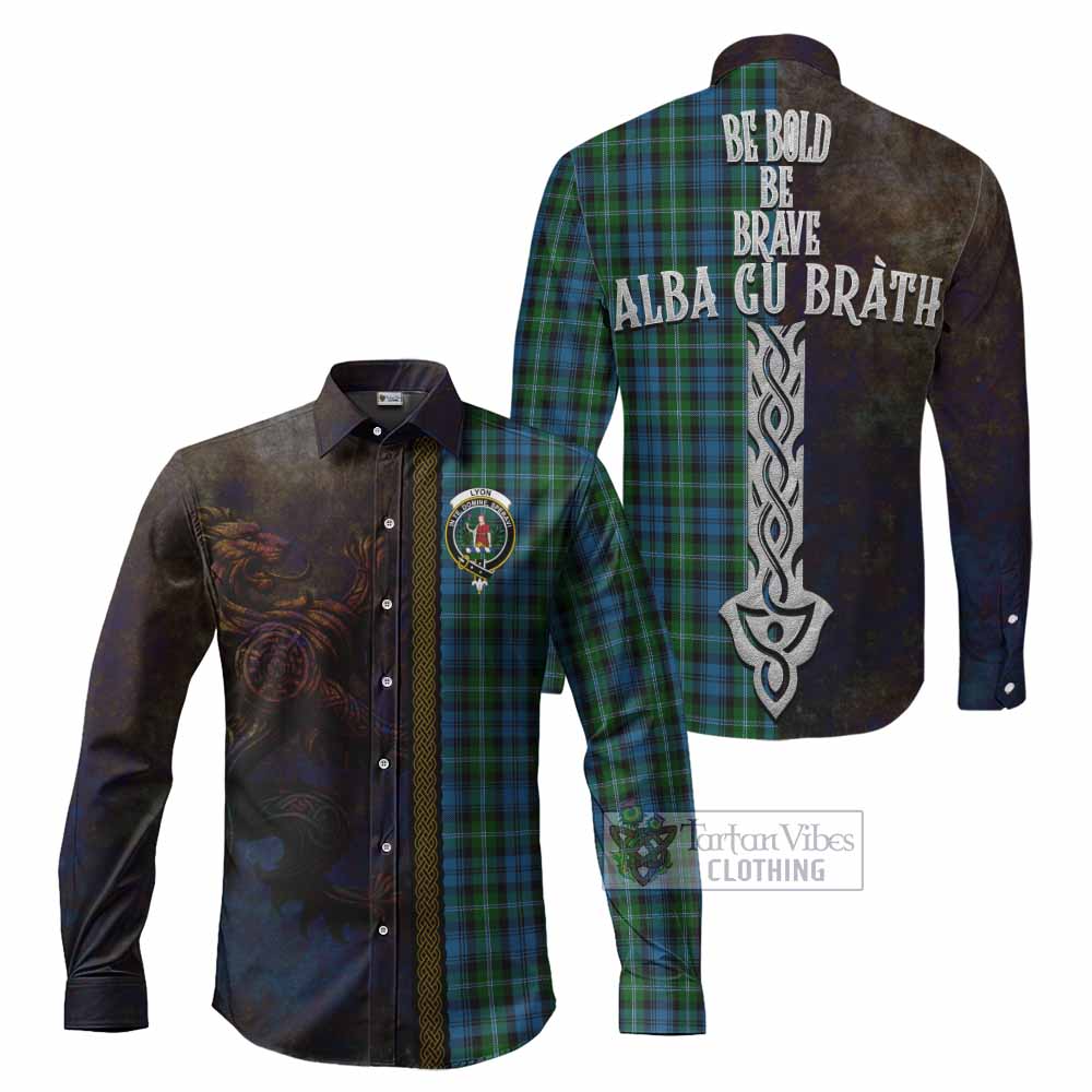 Lyon Tartan Family Crest Long Sleeve Button Shirt Alba Gu Brath Be Brave Lion Ancient Style - Tartan Vibes Clothing
