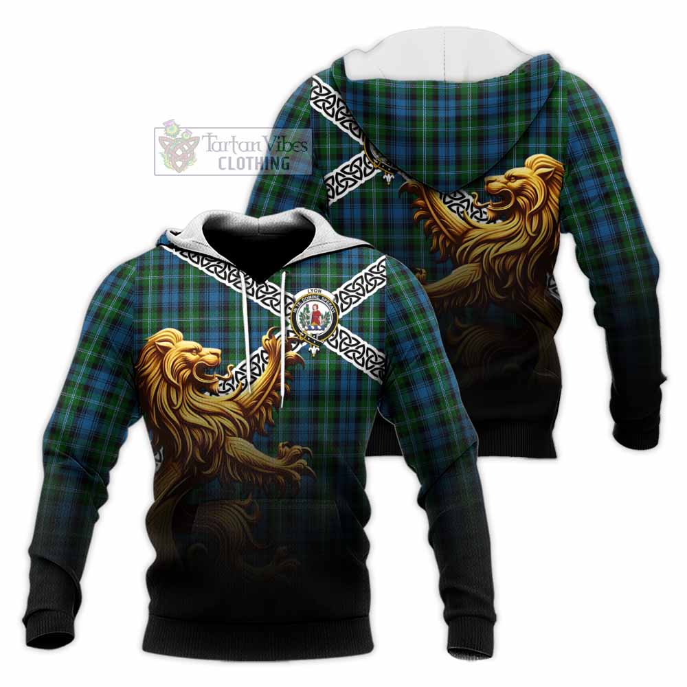 Lyon Crest Tartan Knitted Hoodie with Golden Lion Emblem Celtic Style - Tartan Vibes Clothing