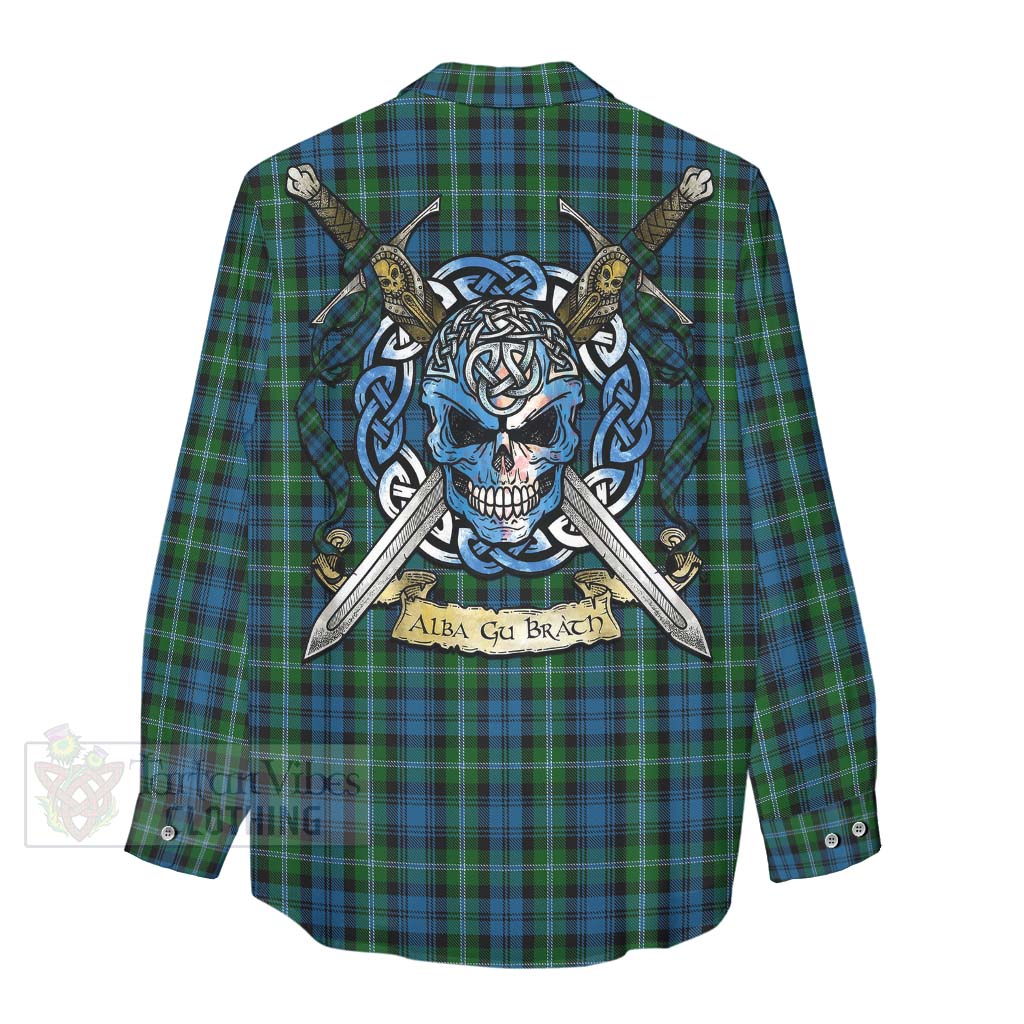 Lyon Tartan Women's Casual Shirt with Family Crest Celtic Skull Style - Tartan Vibes Clothing