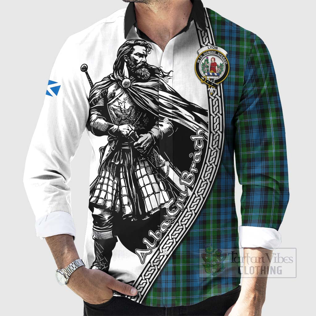 Lyon Tartan Clan Crest Long Sleeve Button Shirt with Highlander Warrior Celtic Style - Tartan Vibes Clothing