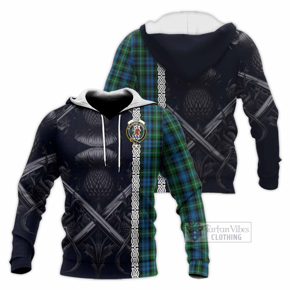 Lyon Tartan Knitted Hoodie with Family Crest Cross Sword Thistle Celtic Vibes - Tartan Vibes Clothing