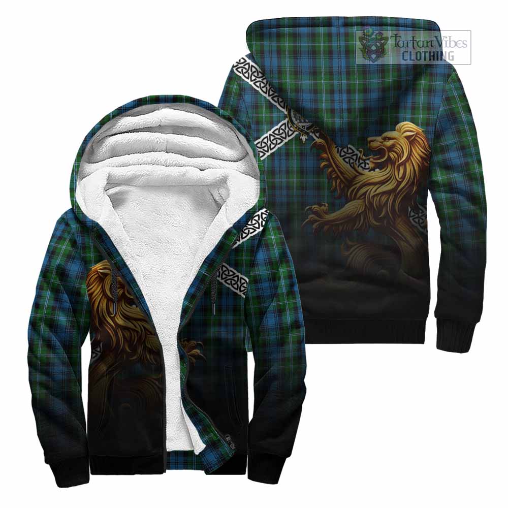 Lyon Crest Tartan Sherpa Hoodie with Golden Lion Emblem Celtic Style Unisex - Tartan Vibes Clothing