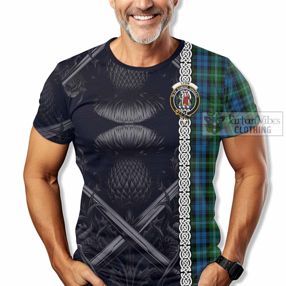 Tartan Vibes Clothing Lyon Tartan T-Shirt with Family Crest Cross Sword Thistle Celtic Vibes