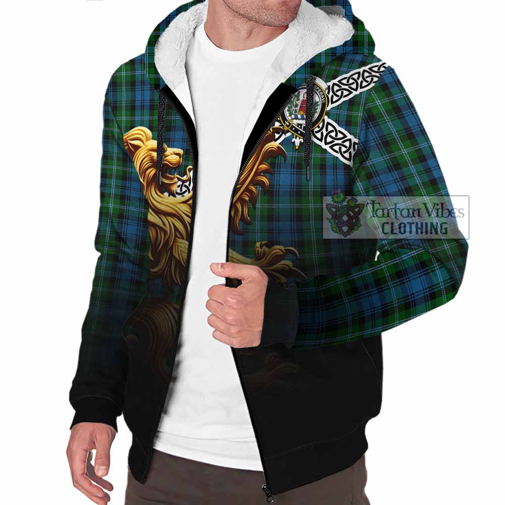 Lyon Crest Tartan Sherpa Hoodie with Golden Lion Emblem Celtic Style - Tartan Vibes Clothing