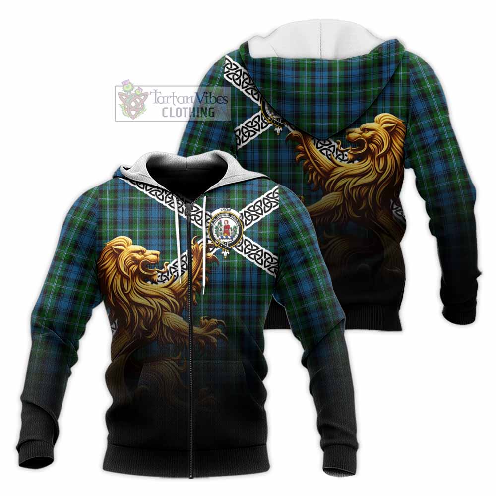 Lyon Crest Tartan Knitted Hoodie with Golden Lion Emblem Celtic Style Unisex Knitted Zip Hoodie - Tartan Vibes Clothing
