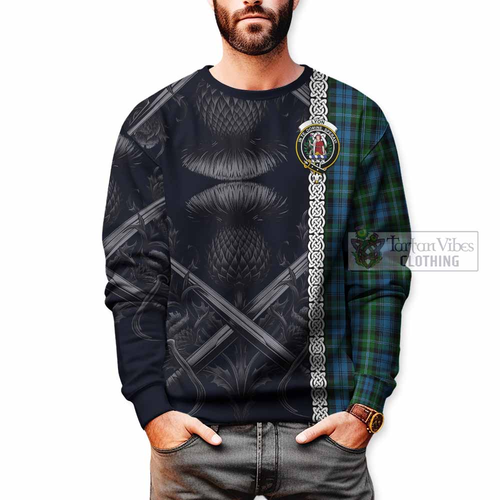 Lyon Tartan Sweatshirt with Family Crest Cross Sword Thistle Celtic Vibes - Tartan Vibes Clothing