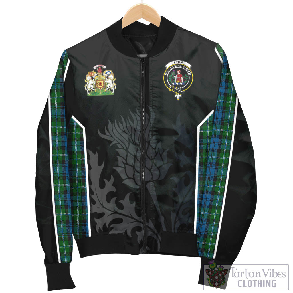 Lyon Tartan Bomber Jacket with Family Crest and Scottish Thistle Vibes Sport Style - Tartan Vibes Clothing