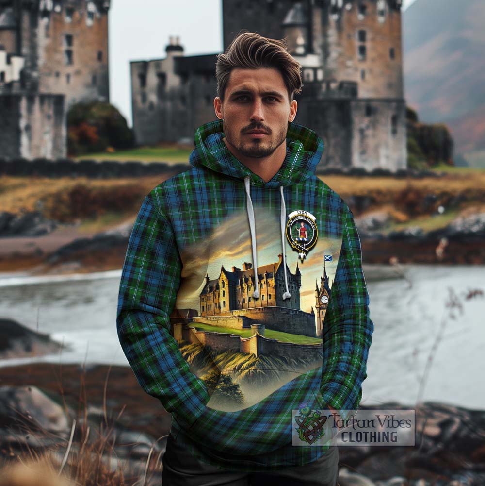 Lyon Tartan Family Crest Cotton Hoodie with Scottish Ancient Castle Style - Tartan Vibes Clothing
