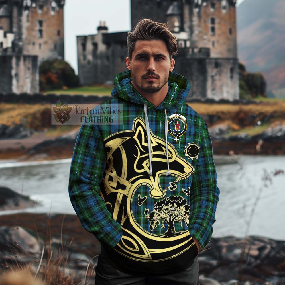 Lyon Tartan Cotton Hoodie with Family Crest Celtic Wolf Style - Tartan Vibes Clothing