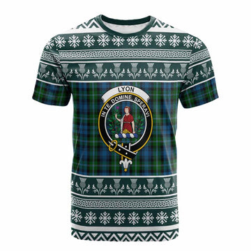 Lyon Clan Tartan Christmas Cotton T-shirt with Family Crest