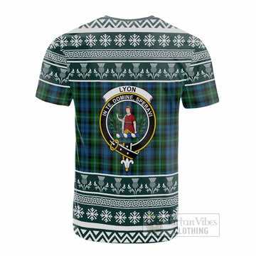 Lyon Clan Tartan Christmas Cotton T-shirt with Family Crest