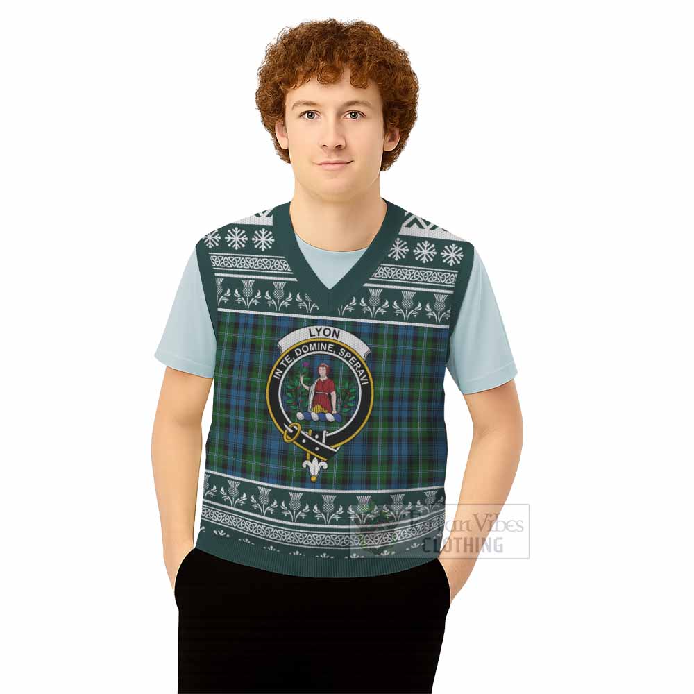 Lyon Clan Tartan Christmas Knitted V-Neck Vest with Family Crest - Tartan Vibes Clothing