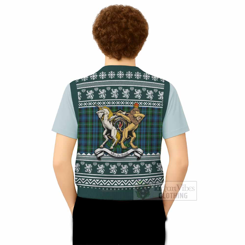 Lyon Clan Tartan Crest Christmas Knitted V-Neck Vest Coat of Arms Funny Style - Tartan Vibes Clothing