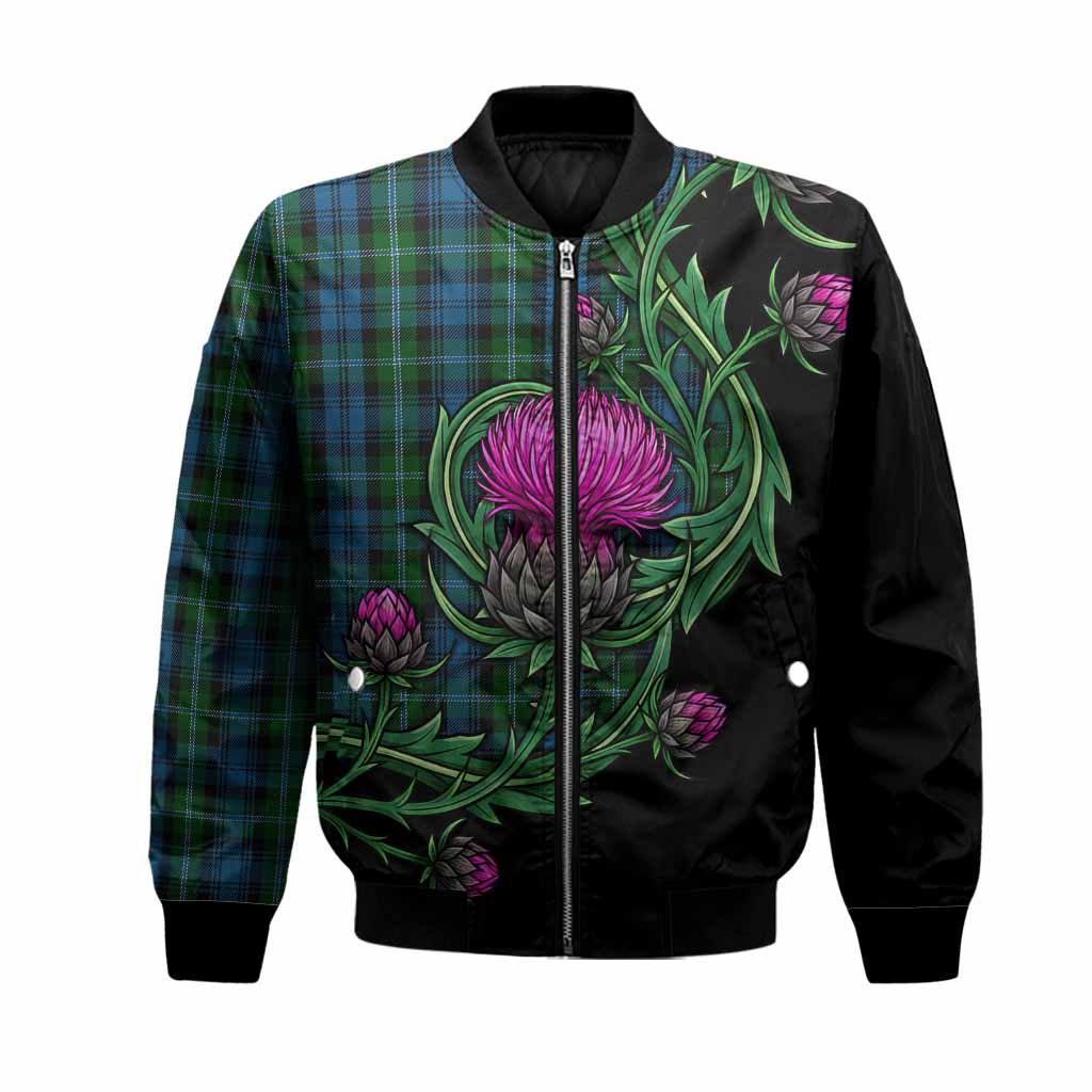 Lyon Tartan Bomber Jacket Resilient Scottish Thistle Unisex Black - Tartan Vibes Clothing