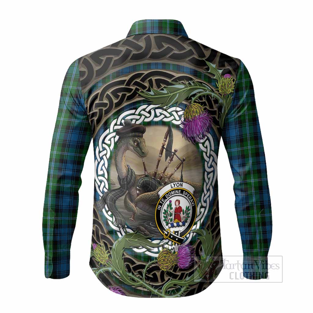 Lyon Tartan Crest Bagpipe Nessie Long Sleeve Button Shirts Scottish Loch Ness Monster Celtic Thistle