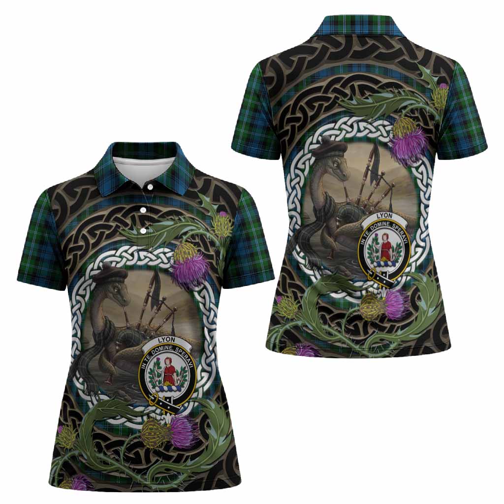 Lyon Tartan Crest Bagpipe Nessie Women Polo Shirt Scottish Loch Ness Monster Celtic Thistle