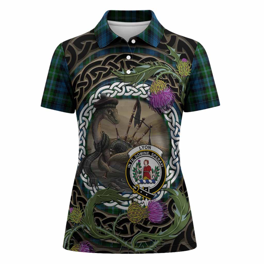 Lyon Tartan Crest Bagpipe Nessie Women Polo Shirt Scottish Loch Ness Monster Celtic Thistle