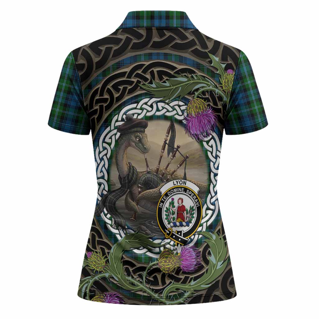 Lyon Tartan Crest Bagpipe Nessie Women Polo Shirt Scottish Loch Ness Monster Celtic Thistle