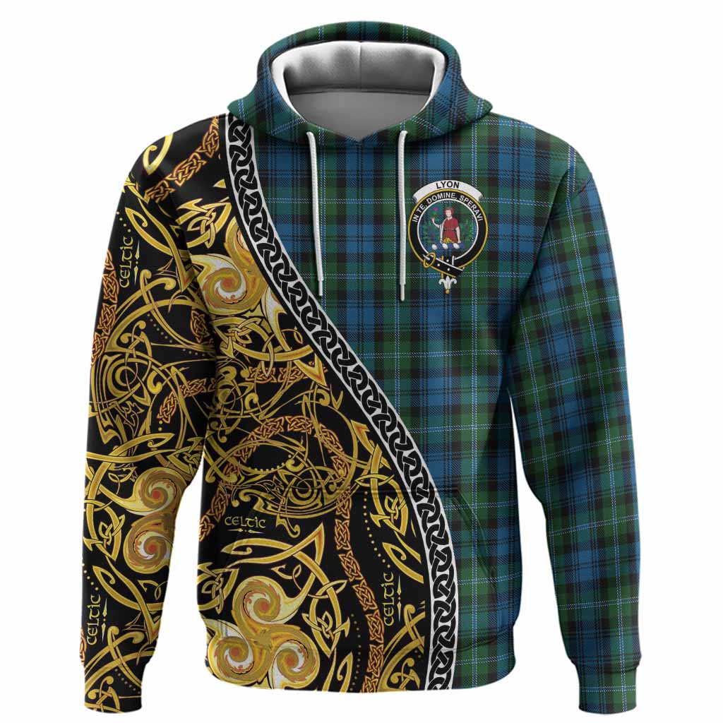 Lyon Tartan Crest Hoodie Celtic Knot and Triple Trickle Spiral Symbols