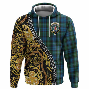 Lyon Tartan Crest Hoodie Celtic Knot and Triple Trickle Spiral Symbols
