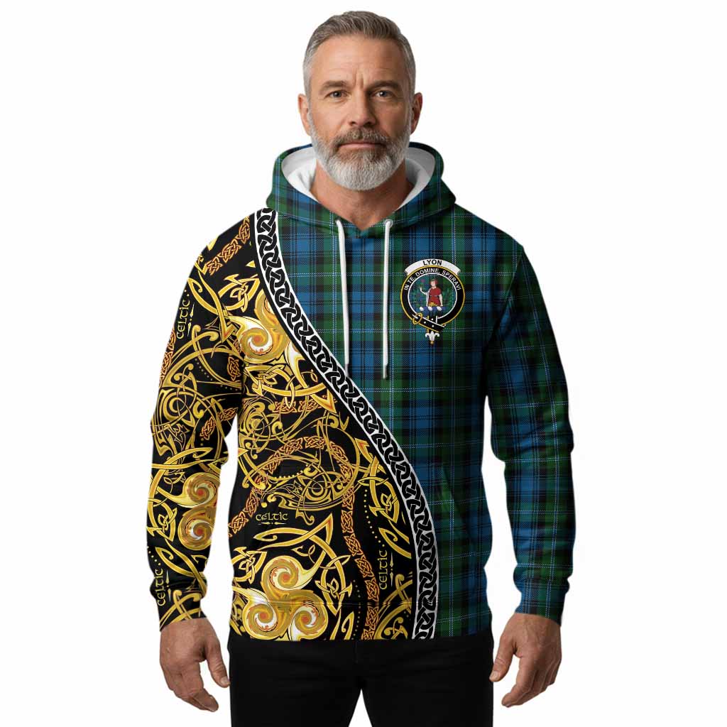 Lyon Tartan Crest Hoodie Celtic Knot and Triple Trickle Spiral Symbols
